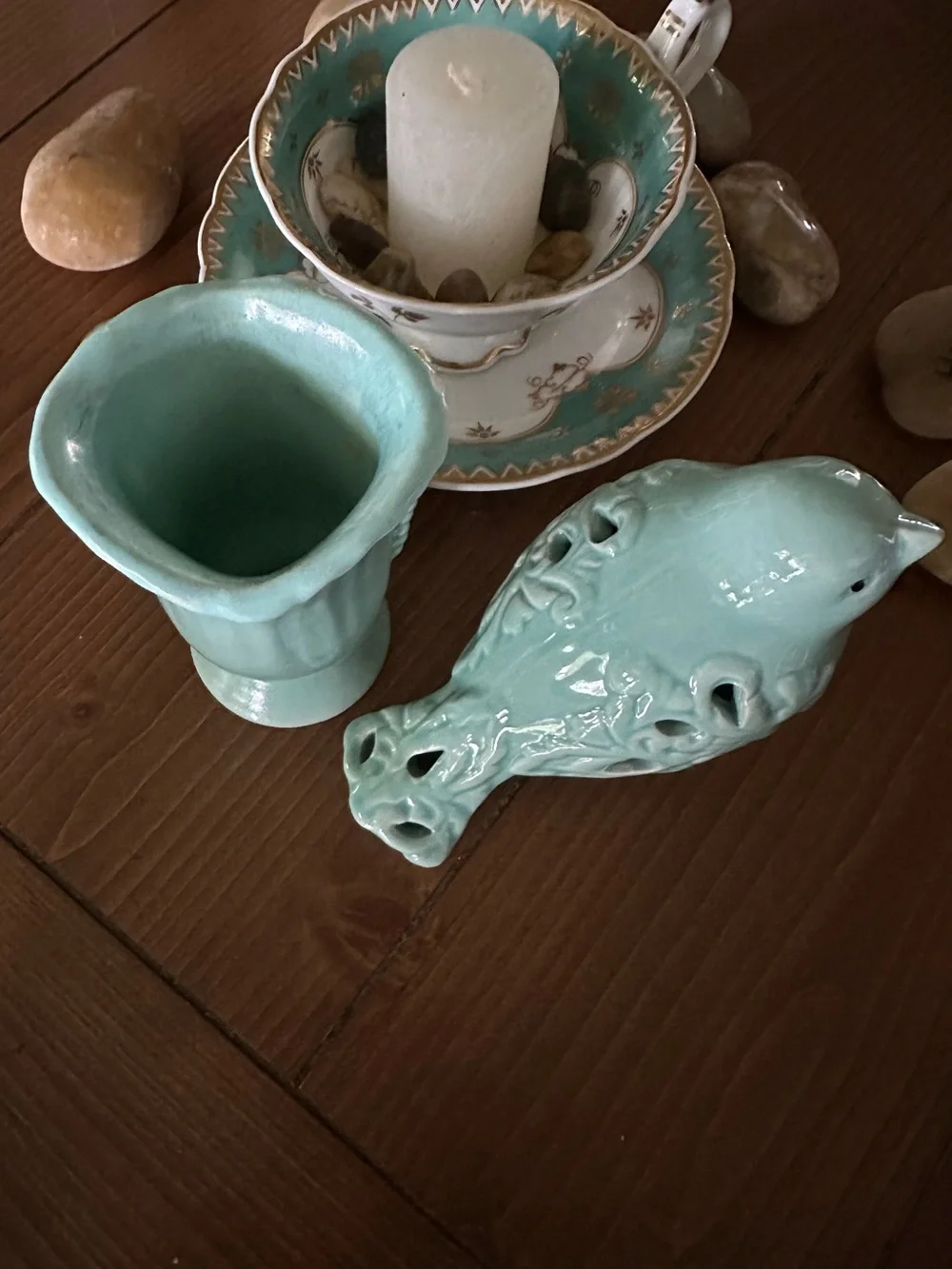 Ceramic Teal Blue Decorative Bird Figurine and Vase Set